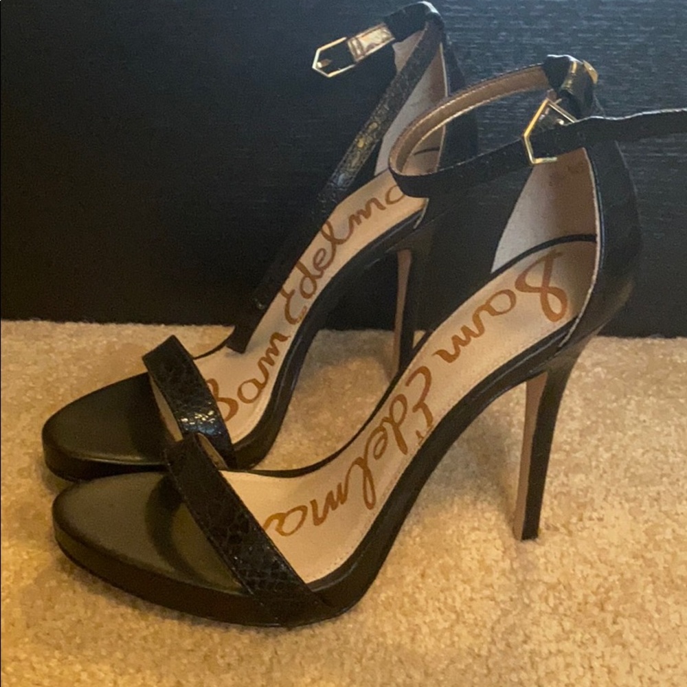 Faux snakeskin strappy heels